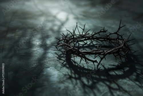 A 3D rendering concept of branches of thorns woven into a crown representing the crucifixion. Generative AI