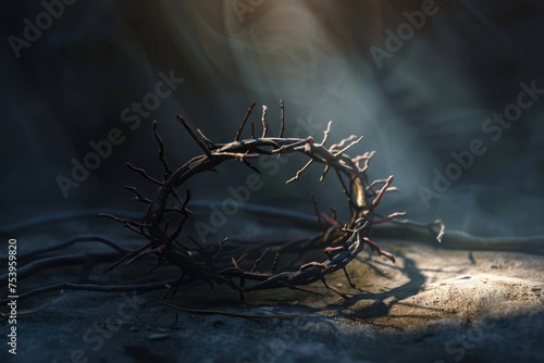 A 3D rendering concept of branches of thorns woven into a crown representing the crucifixion. Generative AI