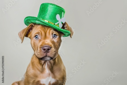 Dog wearing green St. Patrick's Day headband and bowtie. Generative AI