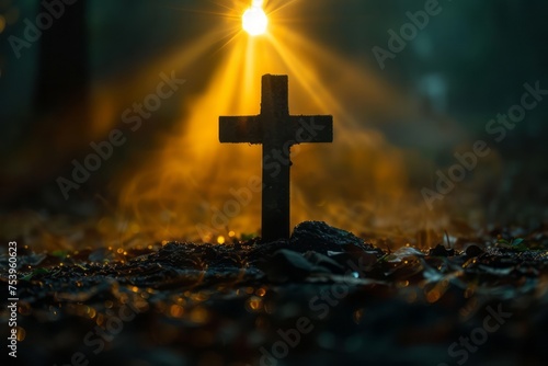 cross of jesus christ on sorrow darkness and bright light and rays background. Generative AI
