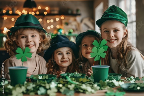 Cute kids celebrating St. Patrick's Day with clovers at home party. Generative AI