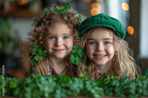 Cute kids celebrating St. Patrick's Day with clovers at home party. Generative AI
