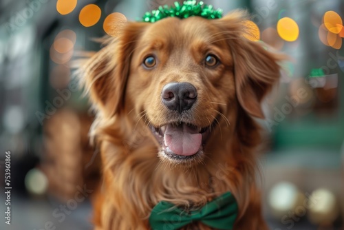 Dog wearing green St. Patrick's Day headband and bowtie. Generative AI