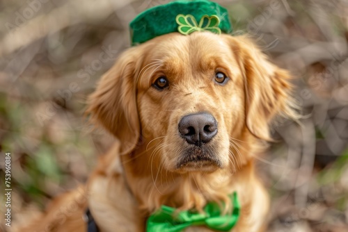 Dog wearing green St. Patrick's Day headband and bowtie. Generative AI