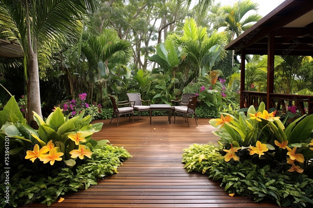 Tropical Bliss: Wooden Decking & Lush Flowers Inspiring Backyard Patio Retreat