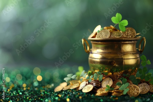Pot with gold coins, hat and clover leaves on table, space for text. St. Patrick's Day celebration. Generative AI