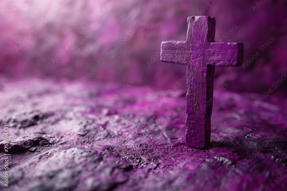 Good Friday, Lent Season and Holy Week concept - A Christian cross on purple background. Conceptual. Generative AI