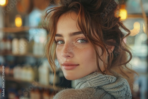 A natural portrait of an attractive young woman with curly hair and freckles, exuding warmth and friendliness