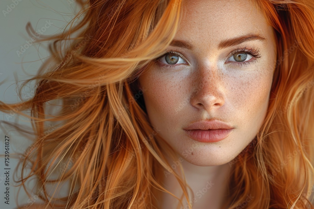 Red-haired woman with a subtle smile and captivating green eyes looking at camera, reflecting confidence and charm Red-haired woman with a subtle smile and captivating green eyes looking at camera, reflecting confidence and charm