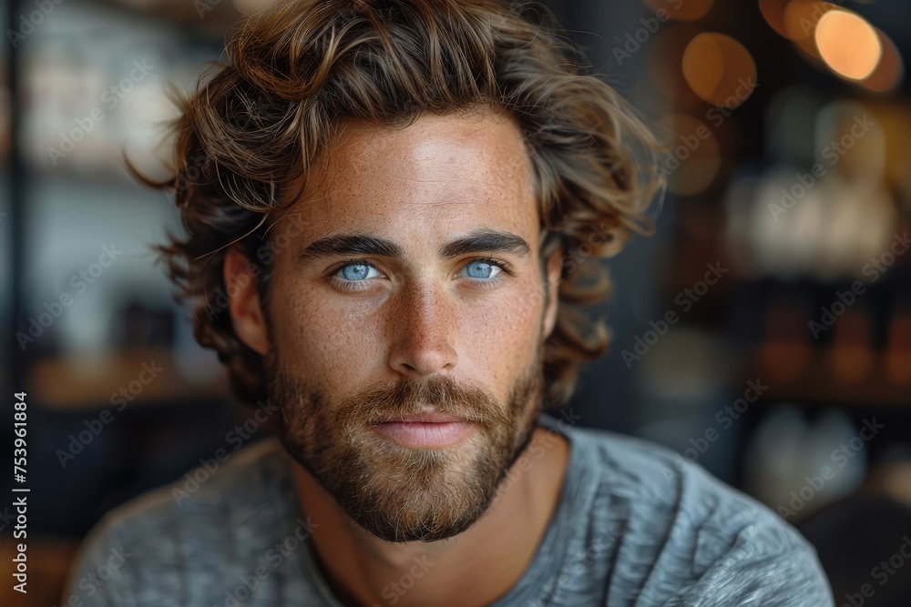 Close-up of an attractive young man with blue eyes, wavy hair, and a casual t-shirt, with a bokeh backdrop Close-up of an attractive young man with blue eyes, wavy hair, and a casual t-shirt, with a bokeh backdrop