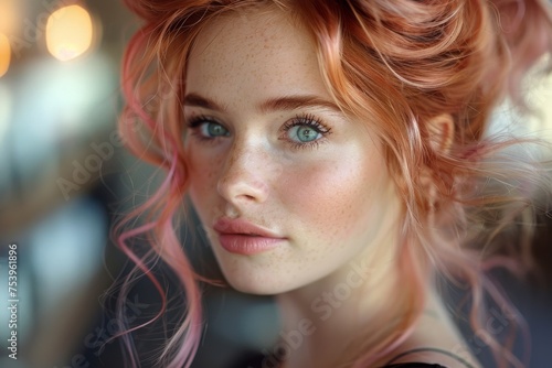 Dreamy close-up of a woman with soft pink hair and striking green eyes in a gentle  ethereal setting