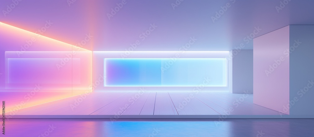 Fototapeta premium A modern white room is bathed in a gradient of blue and purple neon light. The rooms minimalist design allows the colors to shine and create a unique ambiance.