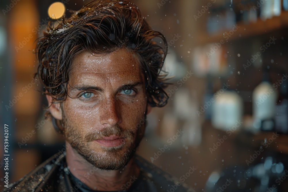 Intense portrait of a man with wet hair and a penetrating gaze, against a dark, moody background Intense portrait of a man with wet hair and a penetrating gaze, against a dark, moody background