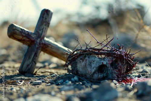 Passion of Jesus Christ - Bloody hammer and nails and crown of thorns. Generative AI