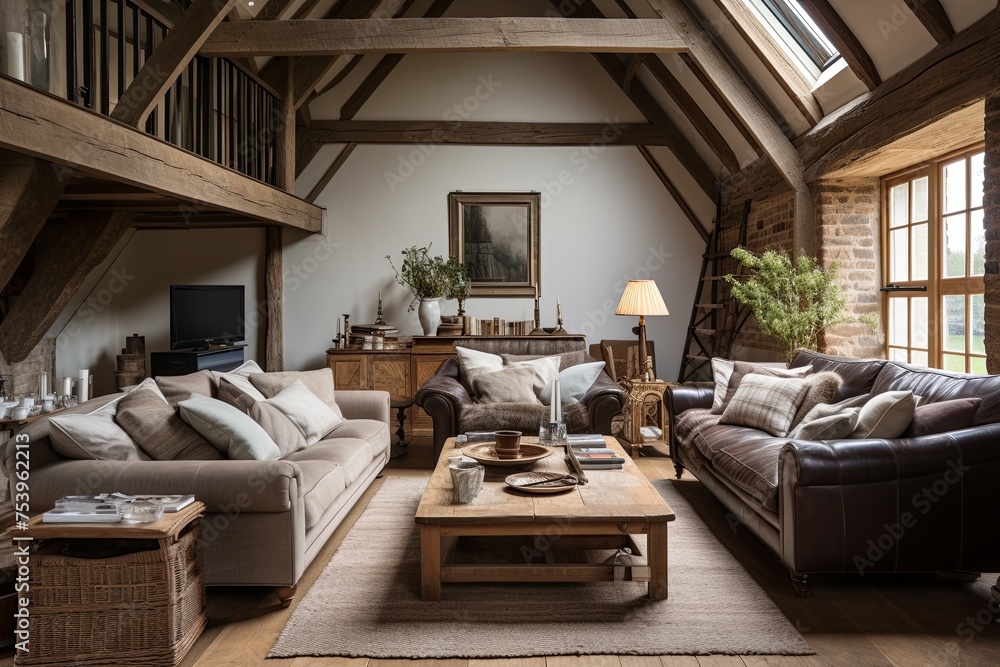 Fototapeta premium Leather Sofas and Vintage Accents: Rustic Barn Conversion Living Room Decor