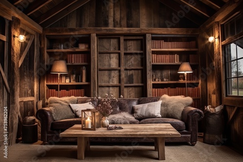 Rustic Barn Conversion: Distressed Wood Furniture and Warm Lighting in Living Room Decor © Michael