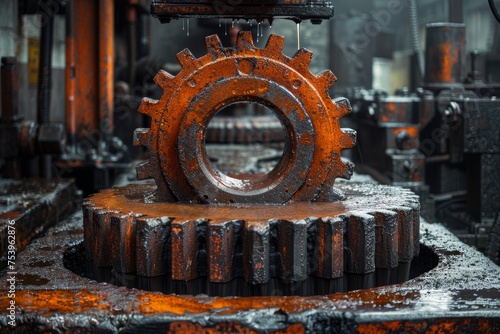 A solitary rusty gear wheel signifies longevity and wear in a factory setting filled with metal remnants photo