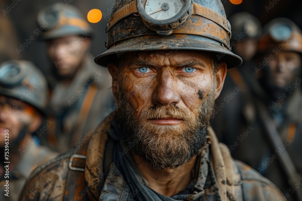 Intense close-up of a male miner with piercing eyes, reflecting a life of hard labor and determination Intense close-up of a male miner with piercing eyes, reflecting a life of hard labor and determination