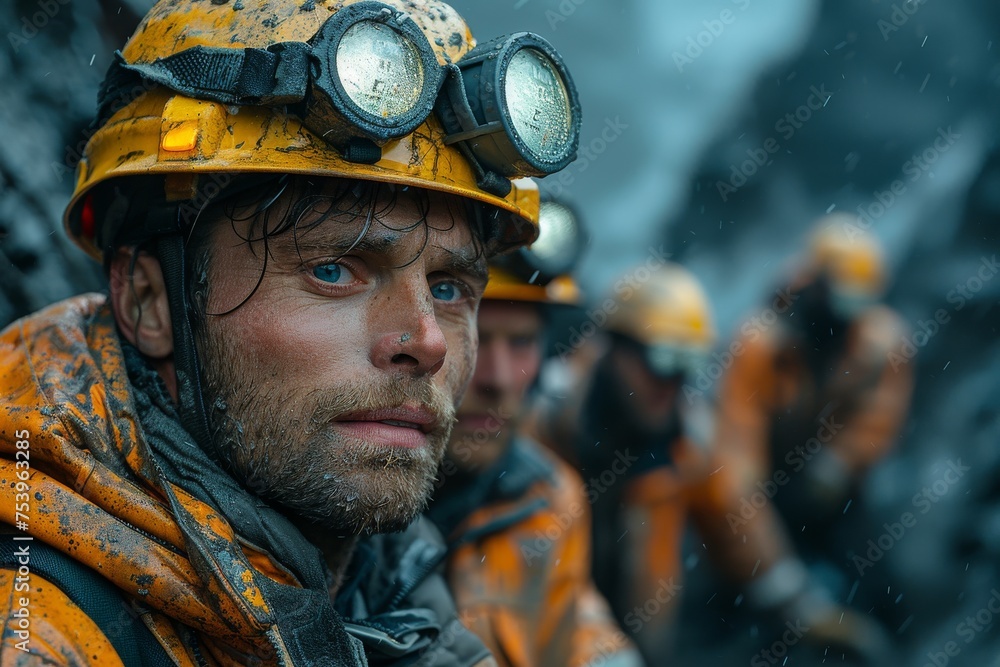 A solemn-looking miner with snow falling, broad expanse of miners in background A solemn-looking miner with snow falling, broad expanse of miners in background