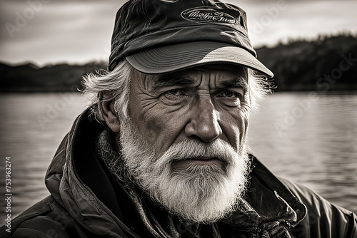 Seasoned fisherman portrait, weathered skin highlighted, deep wrinkles, piercing gaze, white beard, fisherman's hat perched, softly blurred dock background, natural light showcasing rugged feature.