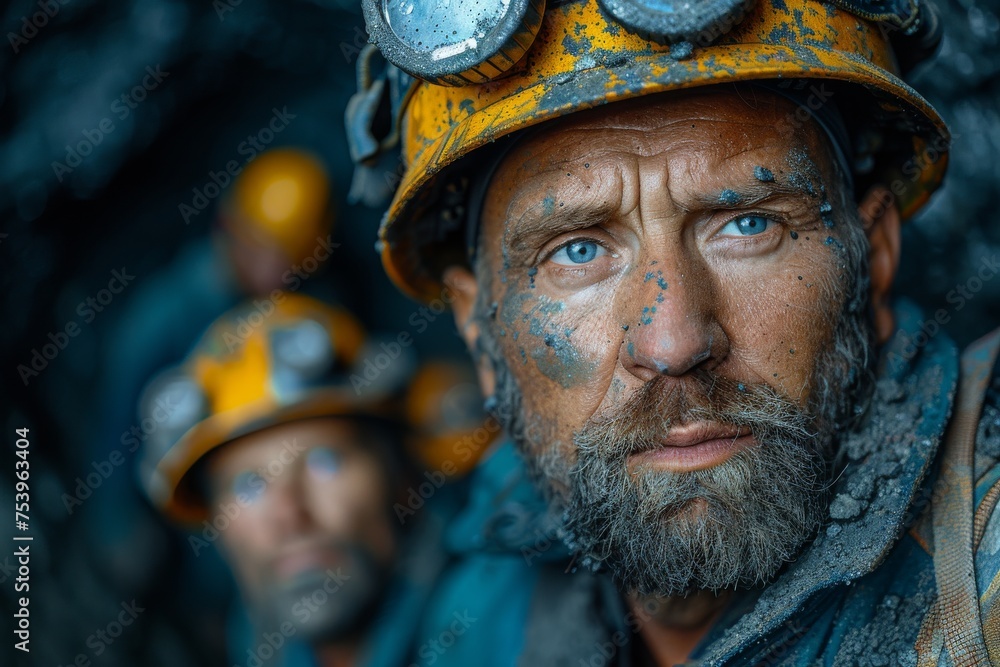 Fototapeta premium Close-up of a pensive miner with vivid blue eyes, coal, and dirt on his face