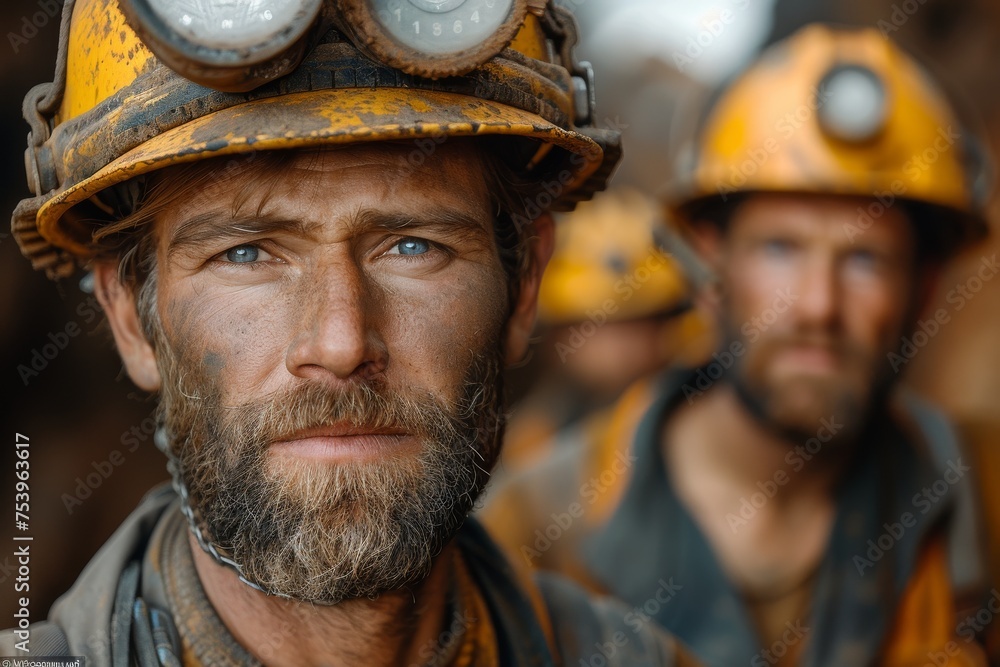 Miner with an intense stare, standing out against other miners, showcasing the individual among the group Miner with an intense stare, standing out against other miners, showcasing the individual among the group
