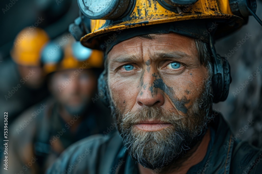 Fototapeta premium Close up of a miner showing a contemplative look, highlighting the depth of thought behind a rough exterior