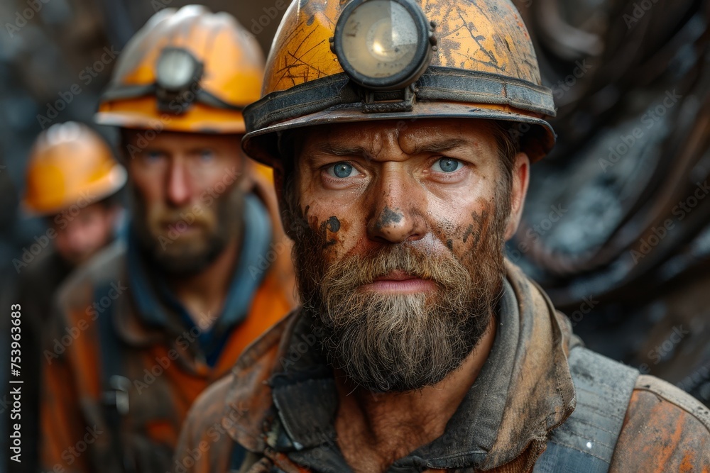 Miner with blue eyes gives a stern look, reflecting the serious nature of the mining profession