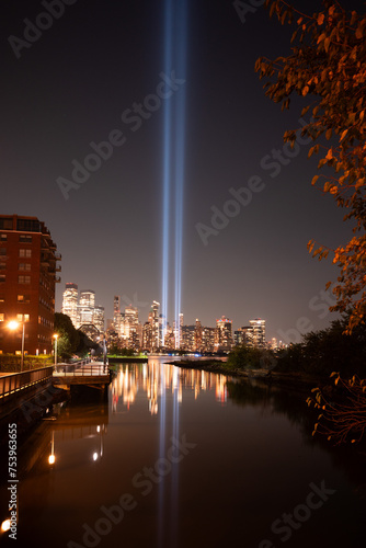 9/11 Tribute In Light - reflecting in the water, light memorial  photo