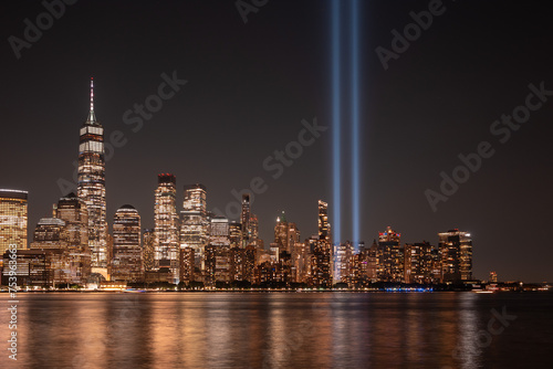 9/11 Tribute In Light - Manhattan skyline with freedom tower
