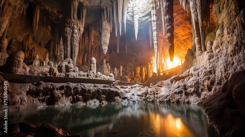 Interior view of a beautiful karst cave with stalactites and stalagmites photo
