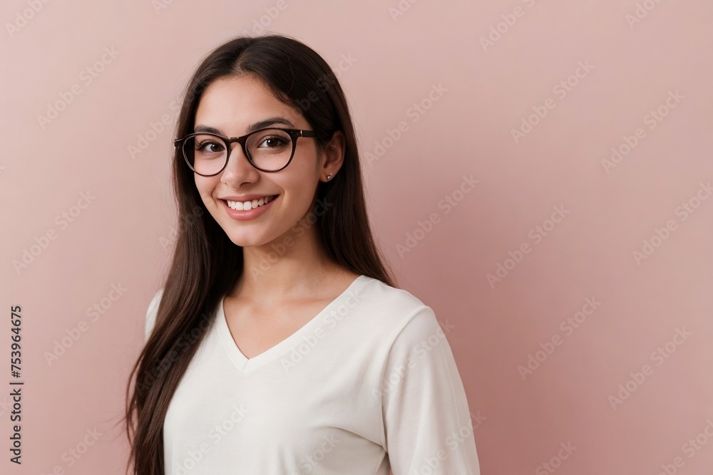 Happy young Brazilian woman with glasses on a pink background with copy space. Happy young Brazilian woman with glasses on a pink background with copy space.