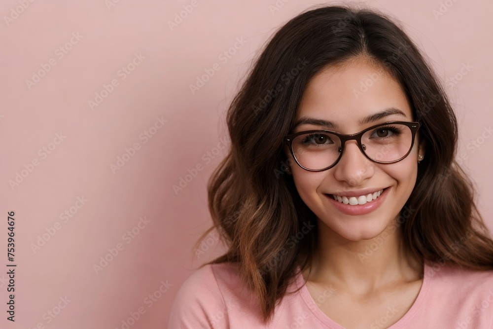 Happy young Brazilian woman with glasses on a pink background with copy space. Happy young Brazilian woman with glasses on a pink background with copy space.