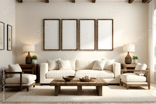 Elegant living room interior with white sofa  wooden coffee table and minimalist wall decoration. Natural lighting adds warmth and comfort to the room