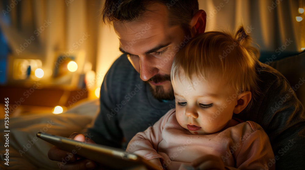 Happy White Father and Child on Tablet at Home Happy White Father and Child on Tablet at Home