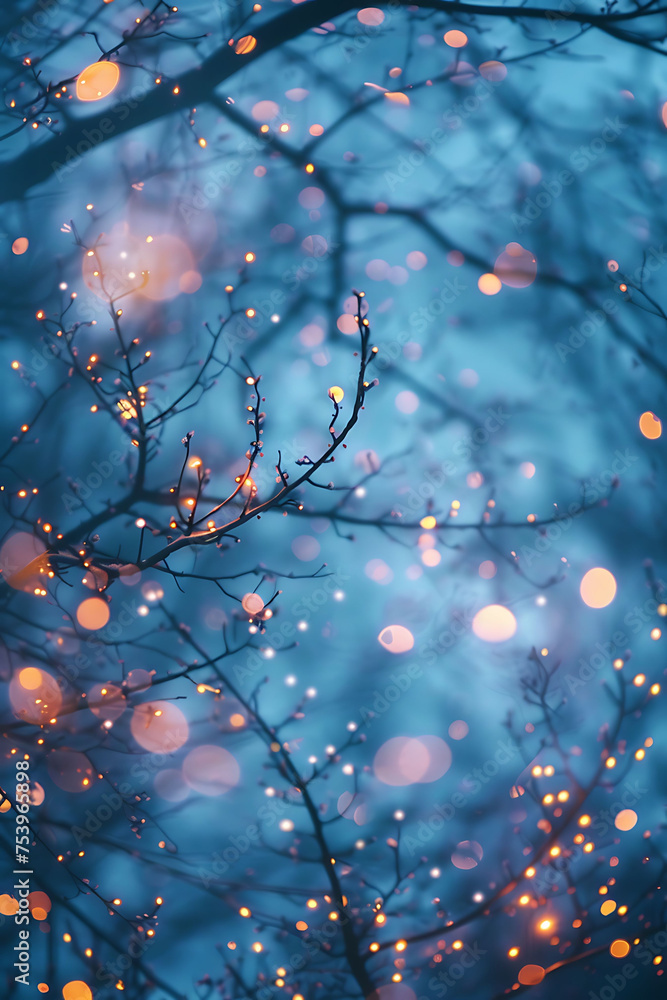 Abstract blurred bokeh background. gold particles on defocused tree leaf background
