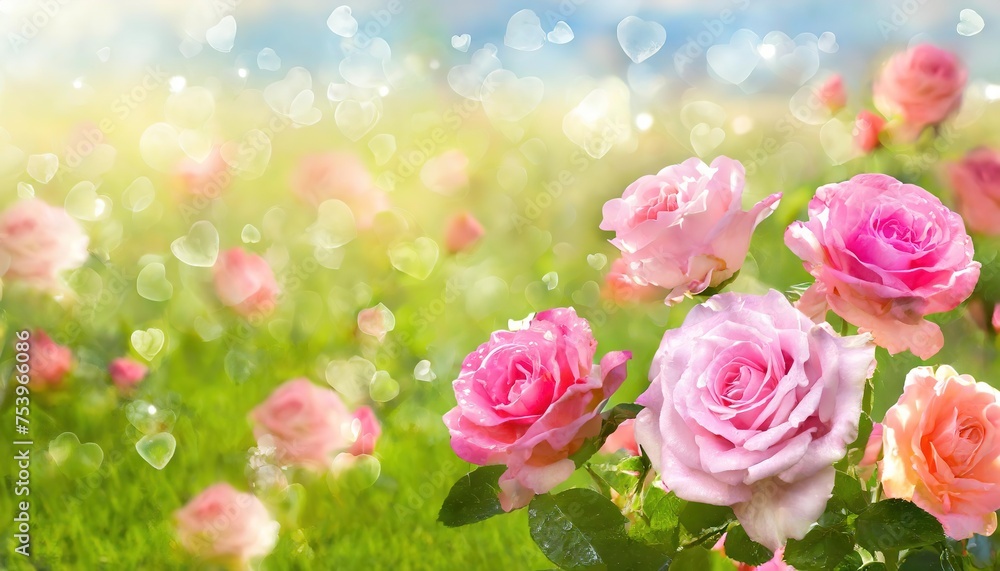 Blooming Pink Roses in Sunlit Garden with Bokeh Effect Blooming Pink Roses in Sunlit Garden with Bokeh Effect