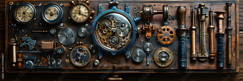 antique clock mechanism,
Watchmakers workshop. Disassembled clockwork