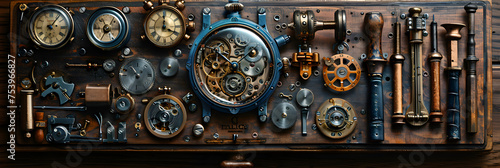 antique clock mechanism,
Watchmakers workshop. Disassembled clockwork photo