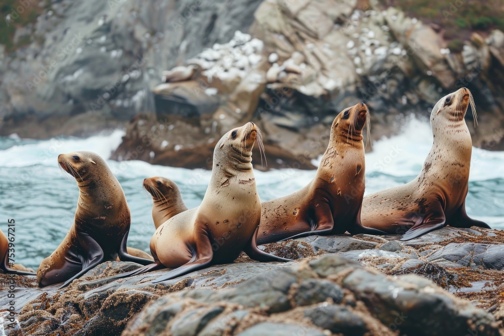 Fototapeta premium A group of playful sea lions sunbathing on rocky shores