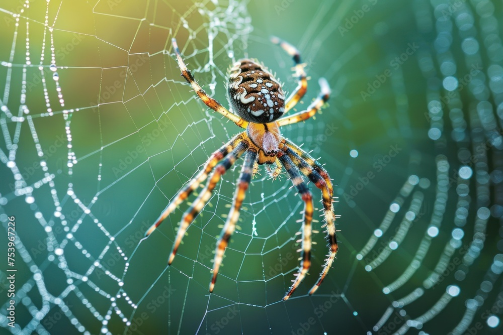 A detailed macro shot of a spider weaving its web in the early morning A detailed macro shot of a spider weaving its web in the early morning