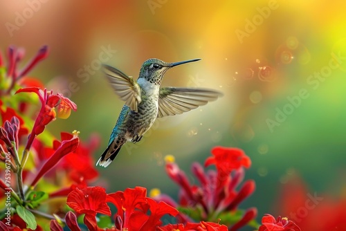 A hummingbird hovering over bright red flowers wings in a blur