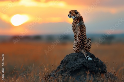 A lone cheetah surveying the savannah from atop a termite mound at dusk