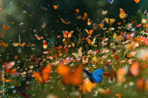 A kaleidoscope of butterflies fluttering around a wildflower meadow