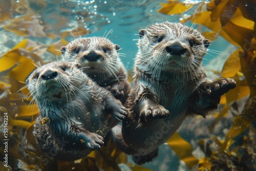 A family of otters playing in a kelp forest underwater photo