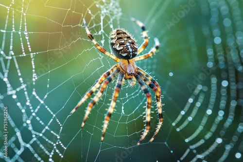 A detailed macro shot of a spider weaving its web in the early morning