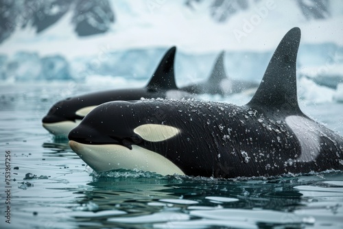 An orca pod swimming in the cold blue waters of the Arctic