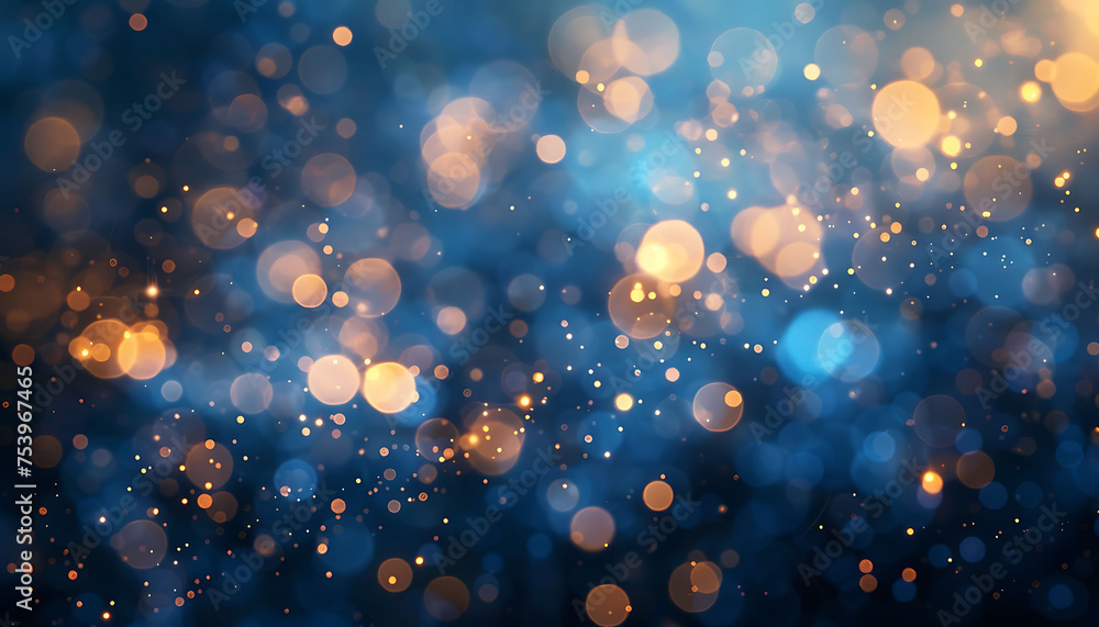 Abstract blurred bokeh background. gold particles on a defocused blue background Abstract blurred bokeh background. gold particles on a defocused blue background