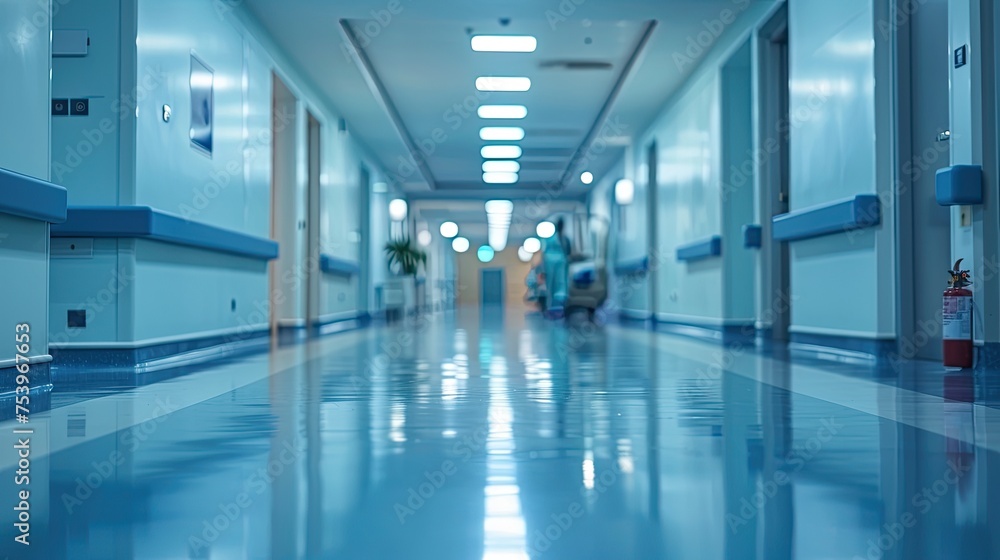 blurred background of doctor and nurses in hospital interior or clinic corridor 