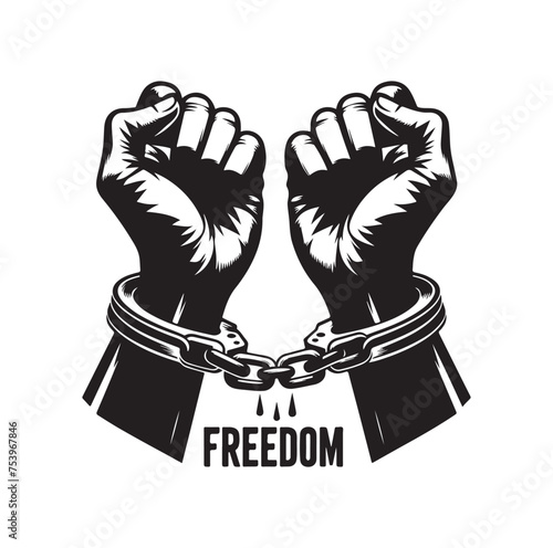 A pair of hands chained to a chain with the text words freedom. A pair of hand in handcuff. Hand drawn vector illustration.